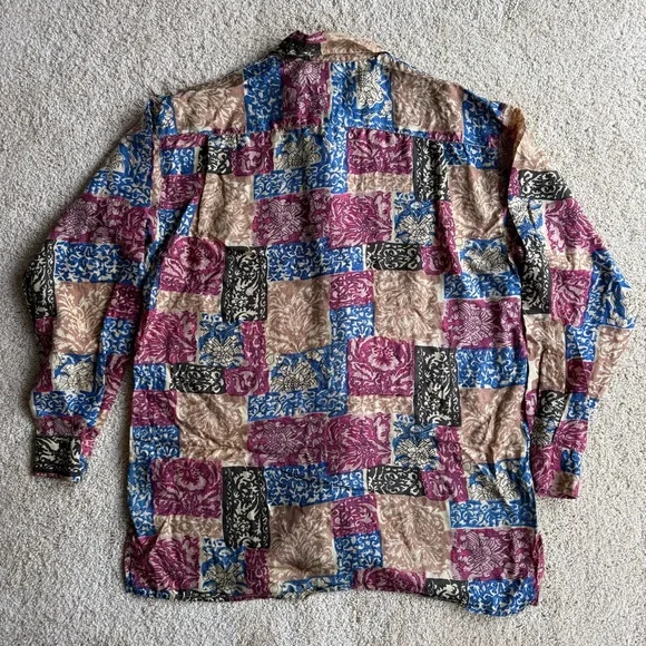 Robert Stock 100% Silk Shirt Mens Size S Patchwork Floral Button Up Long Sleeve - Picture 6 of 10